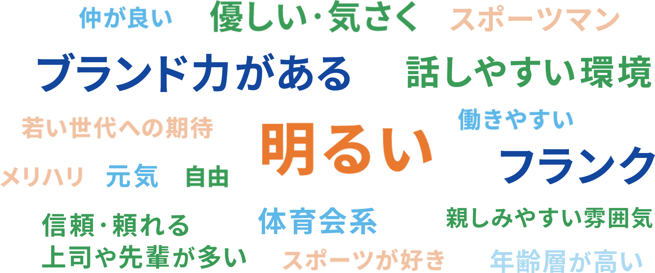 仲が良い 優しい・気さく スポーツマン ブランド力がある 話しやすい環境 若い世代への期待 明るい 働きやすい メリハリ 元気 自由 フランク 信頼・頼れる上司や先輩が多い 体育会系 スポーツが好き 親しみやすい雰囲気 年齢層が高い